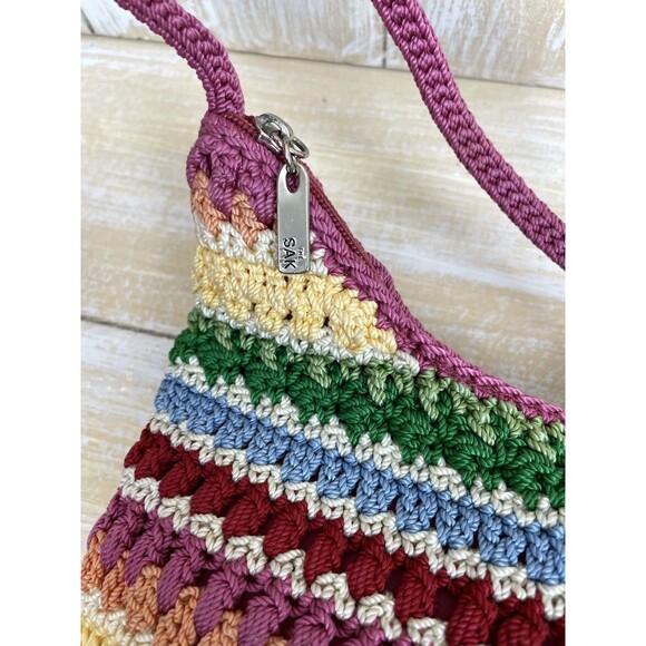 THE SAK Rainbow Crochet Crossbody Bag Boho Festival 9" x 9" Pink Tassel Keychain - Picture 9 of 14